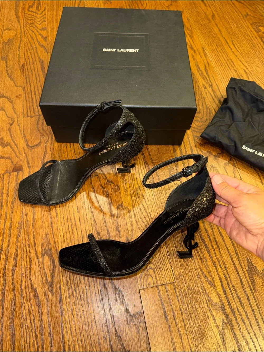 Size 38.5 Saint Laurent Opyum (YSL) Black Glitter Strappy Heeled Sandals